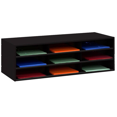 9 Pocket Horizontal Literature Rack, Metal, Black, Tan